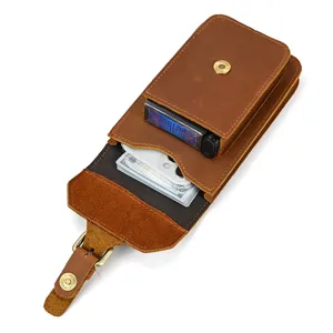Mens vintage crazy horse leather belt waist bag, multi-functional phone pouch case.