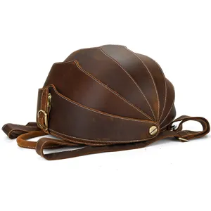 Unique beetle-shaped crazy horse leather backpack, vintage retro brown design details.