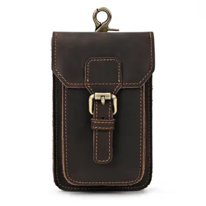 Genuine leather belt waist bag detail showing durable hardware hook and fine stitching craftsmanship.