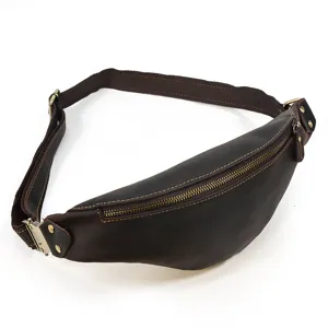Detailed view of vintage genuine leather waist bag, crazy horse leather chest bag for men.