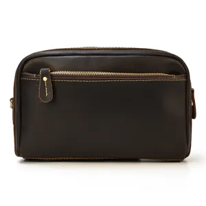 Sac pochette vintage en cuir véritable pour homme et femme, grande capacité pratique.