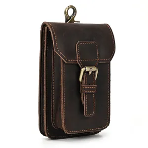 Detail view of the brown crazy horse leather men waist bag with metal buckle and hanging hook.