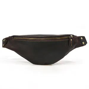Vintage genuine leather waist bag for men, brown cross-body chest bag for outdoor sports.