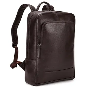 Men's leather business backpack, large capacity casual travel laptop school bag brown