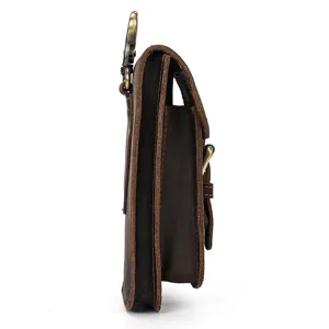 Side detail view of genuine leather belt waist bag, vintage brown multi-layer design for men.