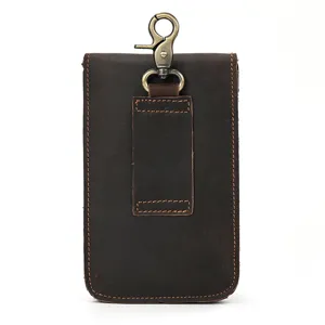 Brown leather phone holster belt loop detail view vintage mens small waist bag accessory