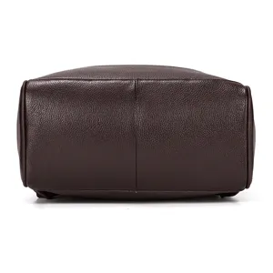 Detailed bottom view of a premium brown leather business backpack, durable cowhide texture.