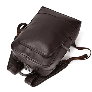 Men genuine leather business backpack in dark brown with multiple zipper pockets for daily use.