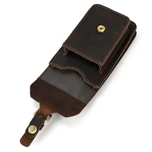 Genuine leather belt waist bag for men vintage brown phone holster pocket casual multi-functional