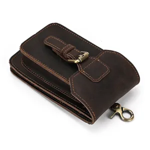 Close-up of the vintage genuine crazy horse leather belt waist pouch with brass hardware.