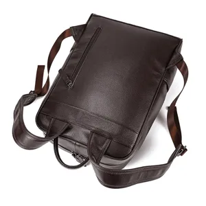 Detailed view of the dark brown genuine leather men's business backpack with large capacity.