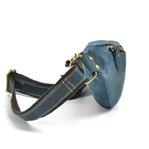 Vintage genuine leather waist bag detail view, metal buckle, durable crazy horse chest pack.