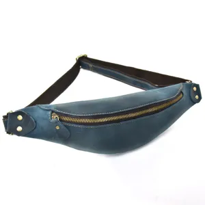 Detail view of the blue vintage crazy horse leather waist bag, featuring smooth metal zippers.