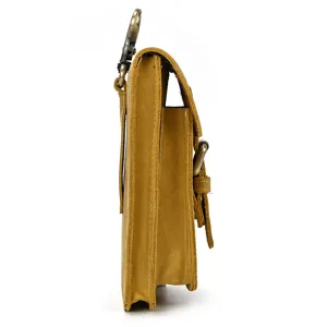Vintage genuine leather waist bag side detail view, multi-layer belt pouch for men.