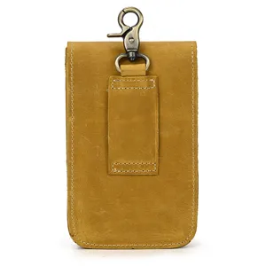 Genuine crazy horse leather belt waist bag phone pouch detail view with metal hook.