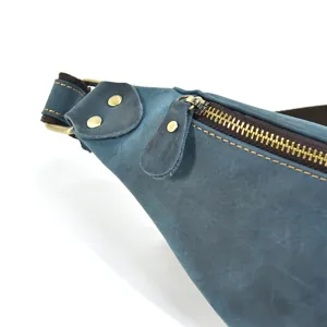 Detail view of mens retro genuine leather waist bag, crazy horse leather chest bag.