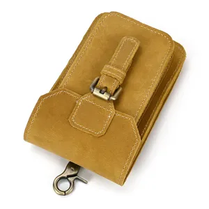 Genuine leather belt waist bag detail view, vintage crazy horse leather phone pouch for men.