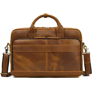 Vintage leather briefcase for men, stylish brown business laptop bag with shoulder strap.