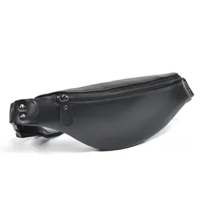 Men's Black Genuine Leather Waist Bag Multi-functional Chest Fanny Pack for Outdoor Sports