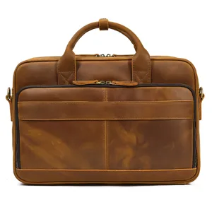 Mens Genuine Leather Briefcase Laptop Bag Vintage Crazy Horse Leather Business Commute Handbag Shoulder Bag