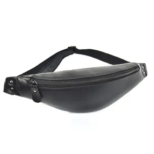 Detailed view of the black genuine leather waist bag, showing metal zippers and fine texture.