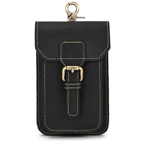 Men black leather waist bag retro crazy horse phone pouch belt loop utility pocket pouch