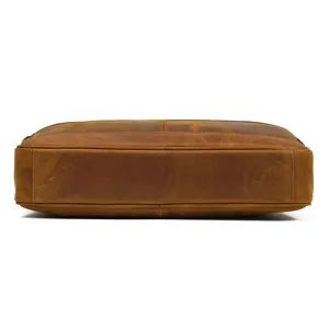 Men's vintage leather business briefcase bottom detail view, durable casual commuter bag.