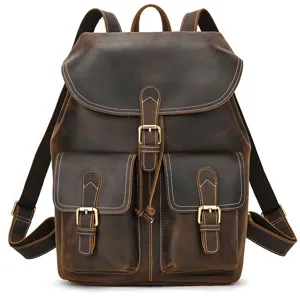 Vintage crazy horse leather backpack for men and women, casual outdoor leather school travel bag.