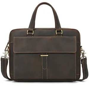 Vintage leather laptop briefcase for men, 15 inch business shoulder bag, casual work messenger.