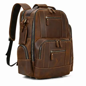 Vintage leather backpack for men, large capacity multi-pocket travel business bag.