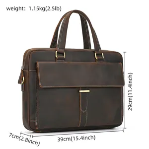 Vintage crazy horse leather briefcase 15 inch laptop bag business commuter shoulder bag for men