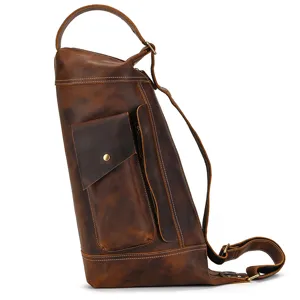 Men Vintage Genuine Cowhide Chest Bag Large Capacity Leather Crossbody Bag Sling Bag Multifunction Travel Backpack