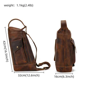 Vintage genuine leather chest bag dimension diagram, large capacity sling backpack specs.