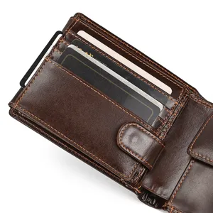 Men's minimalist genuine leather short wallet with multi card slots and RFID blocking.