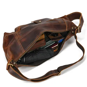 Vintage crazy horse leather chest bag for men, large capacity casual crossbody travel backpack.