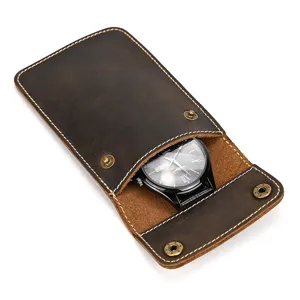 Vintage crazy horse leather watch pouch travel portable storage box case for single watch