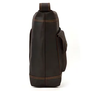 Detailed side view of vintage crazy horse leather chest bag for men, premium cowhide.
