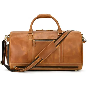 Vintage Crazy Horse Genuine Leather Travel Duffel Bag Men Large Capacity Weekender Luggage Bag With Shoe Compartment