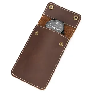 Vintage crazy horse leather watch pouch, portable travel storage box detail view.