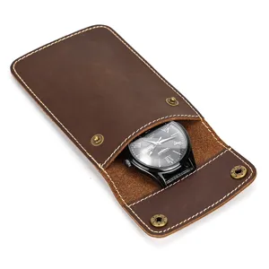 Crazy horse leather watch pouch retro portable watch storage case for travel protection.
