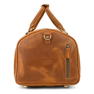 Vintage crazy horse leather travel duffel bag with zipper pocket and metal feet
