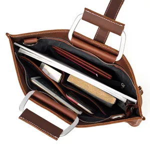 Sac d'affaires homme en cuir veritable vintage, cartable en vachette avec grande capacite.