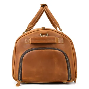 Vintage crazy horse leather travel duffel bag, premium leather luggage handbag for men.