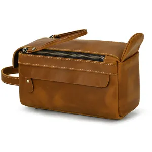 Vintage genuine leather toiletry bag detail, crazy horse leather cosmetic clutch for travel.