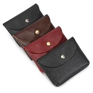 Genuine leather snap coin purse and card holder detail showing multiple colors and textures.