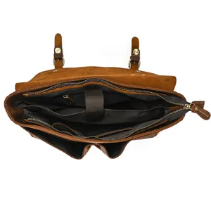 Genuine leather vintage briefcase interior detail, multiple compartments for laptop and daily essentials.