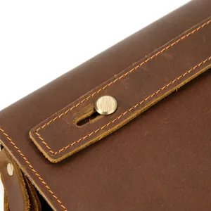 Vintage genuine crazy horse leather long wallet clutch detail shot with metal snap and stitching.