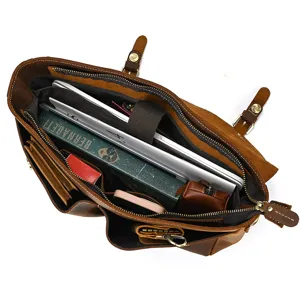 Men's vintage crazy horse leather briefcase laptop business messenger bag interior detail view.