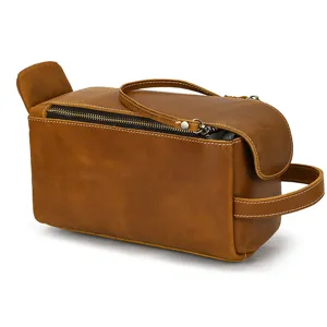 Vintage genuine crazy horse leather toiletry bag detail, brown travel wash pouch for men and women.