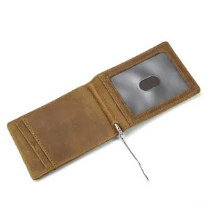 Offene Ansicht der Vintage Echtleder Geldklammer Geldbörse mit Kartenfächern und ID Fenster.
